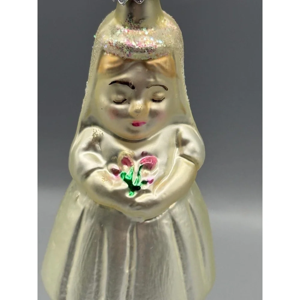 Vtg Bride Christmas Ornament  White Iridescent Glitter Glass‎ Wedding Gift Xmas